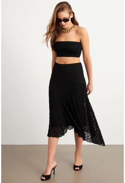 Kadın Siyah Asimetrik Dantel Midi Etek ZH357