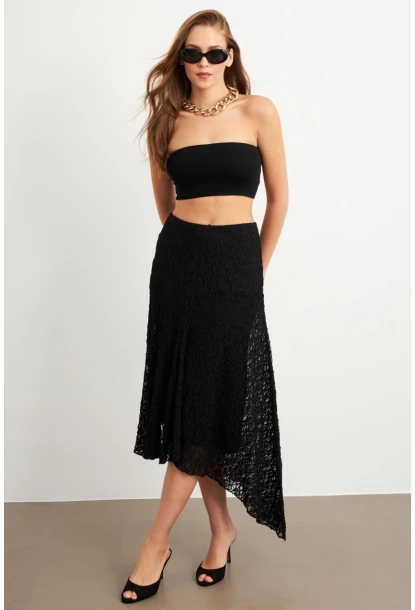 Kadın Siyah Asimetrik Dantel Midi Etek ZH357