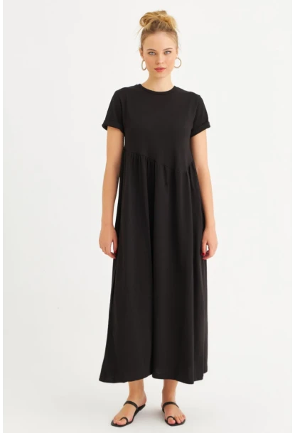 Kadın Siyah Asimetrik Dikişli Maxi Elbise MDMR440