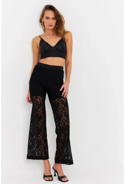 Kadın Siyah Astarlı Dantel Pantolon FLS04