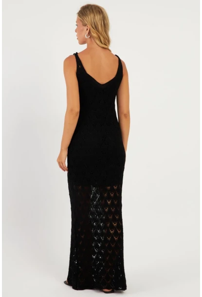 Kadın Siyah Astarlı Triko Maxi Elbise KZ3211