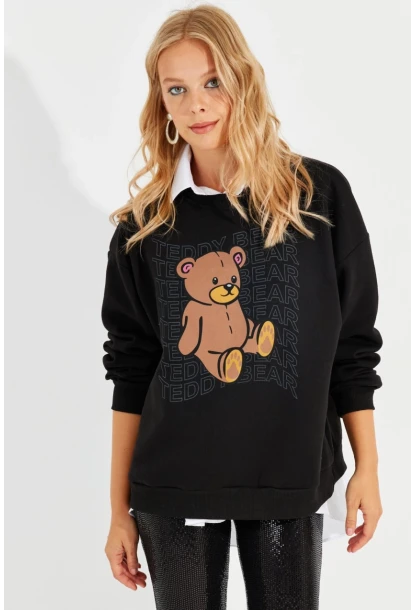 Kadın Siyah Ayıcık Baskılı Sweatshirt ZM288