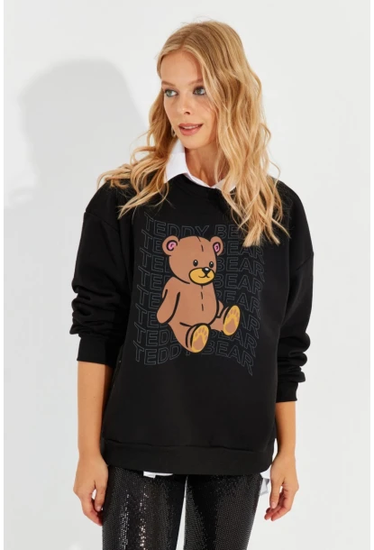 Kadın Siyah Ayıcık Baskılı Sweatshirt ZM288