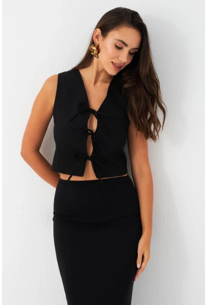 Kadın Siyah Bağlama Detaylı Astarlı Yelek ELA6645