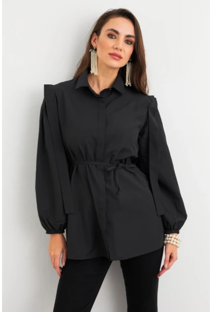 Kadın Siyah Bağlama Detaylı Basic Gömlek MASF185