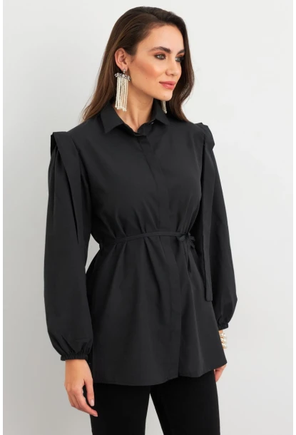 Kadın Siyah Bağlama Detaylı Basic Gömlek MASF185