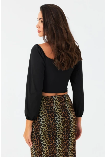 Kadın Siyah Bağlama Detaylı Crop Bluz CG387