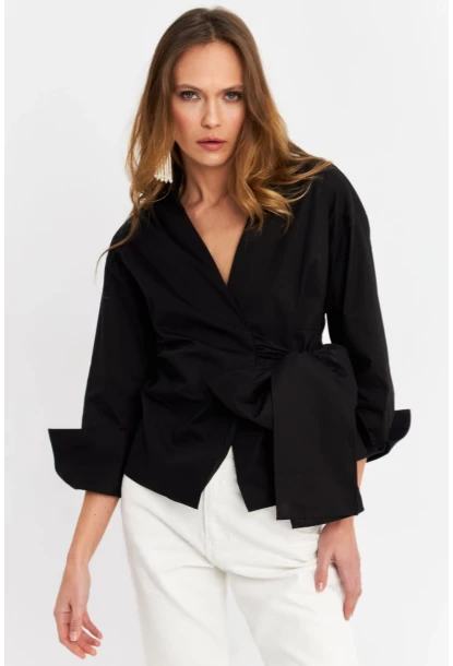 Kadın Siyah Bağlamalı Kruvaze Gömlek MFS9792
