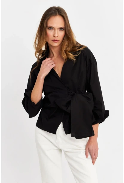 Kadın Siyah Bağlamalı Kruvaze Gömlek MFS9792