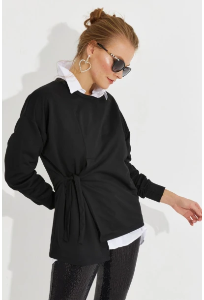 Kadın Siyah Bağlamalı Sweatshirt MYİ2493