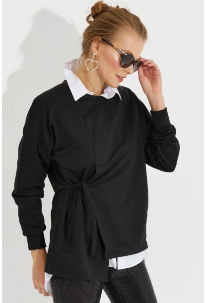 Kadın Siyah Bağlamalı Sweatshirt MYİ2493