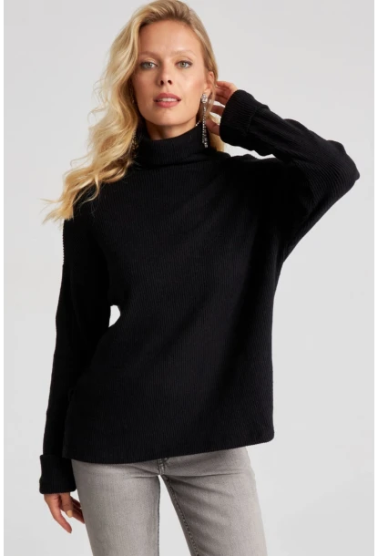 Kadın Siyah Balıkçı Fitilli Triko Kazak AYD257