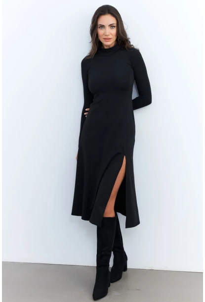 Kadın Siyah Balıkçı Yaka Midi Elbise HOR15