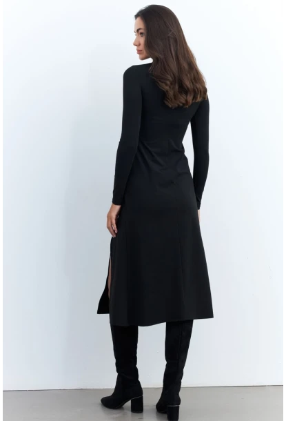 Kadın Siyah Balıkçı Yaka Midi Elbise HOR15