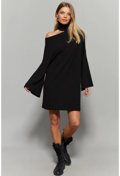 Kadın Siyah Balıkçı Yaka Tek Omuz Elbise Yİ1990