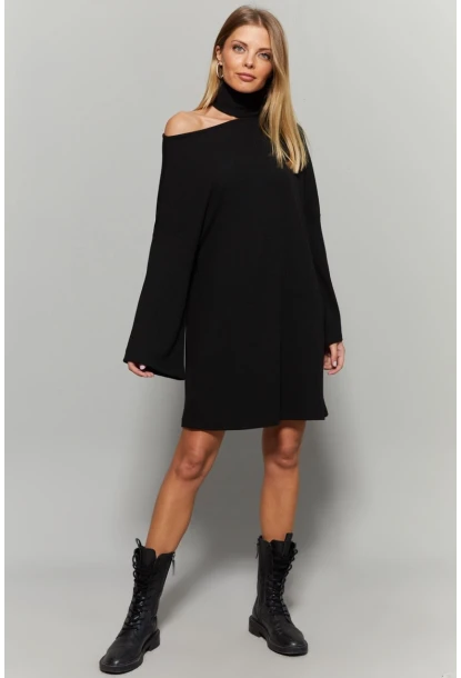 Kadın Siyah Balıkçı Yaka Tek Omuz Elbise Yİ1990