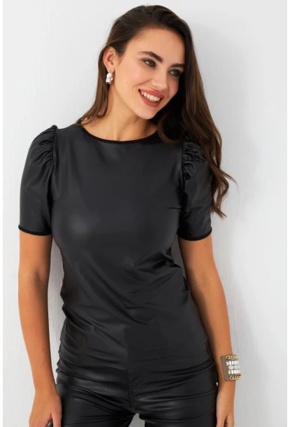 Kadın Siyah Balon Kol Sıvama Bluz TF35