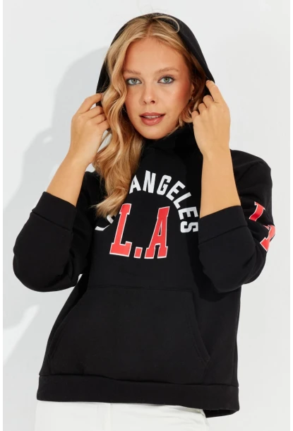 Kadın Siyah Baskılı Kapüşonlu Sweatshirt DA146