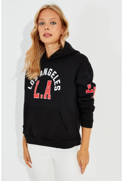 Kadın Siyah Baskılı Kapüşonlu Sweatshirt DA146