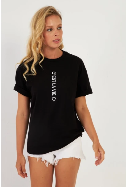 Kadın Siyah Baskılı T-Shirt AYD356