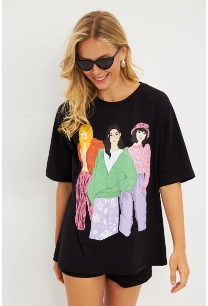 Kadın Siyah Baskılı T-Shirt DY1329