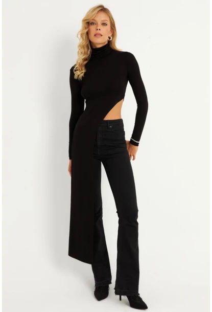 Kadın Siyah Beli Açık Asimetrik Balıkçı Uzun Bluz EY2902