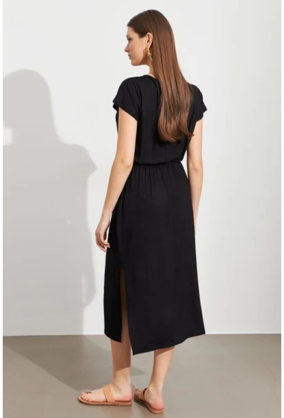 Kadın Siyah Beli Büzülebilir Midi Elbise MURO1193