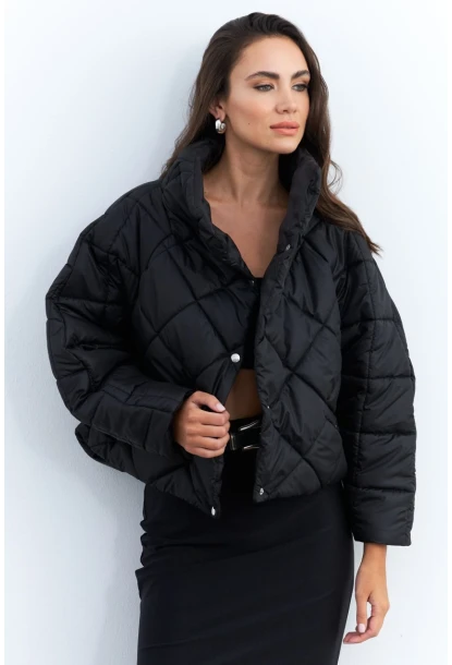 Kadın Siyah Beli Lastikli Yarasa Kol Şişme Mont MX11