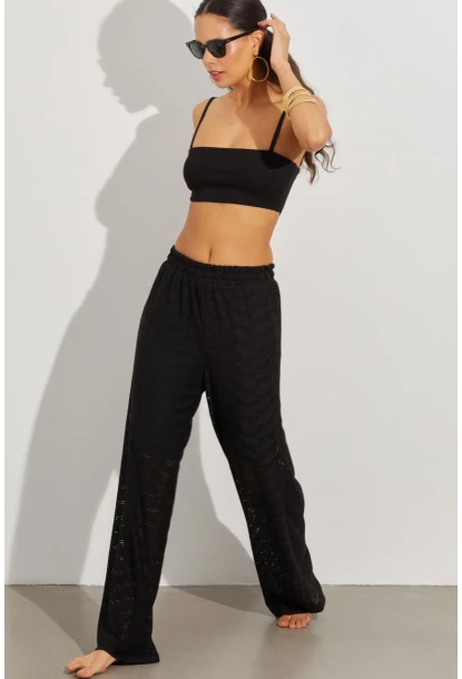 Kadın Siyah Beli Lastikli Yarım Astarlı Brode Pantolon TW80018