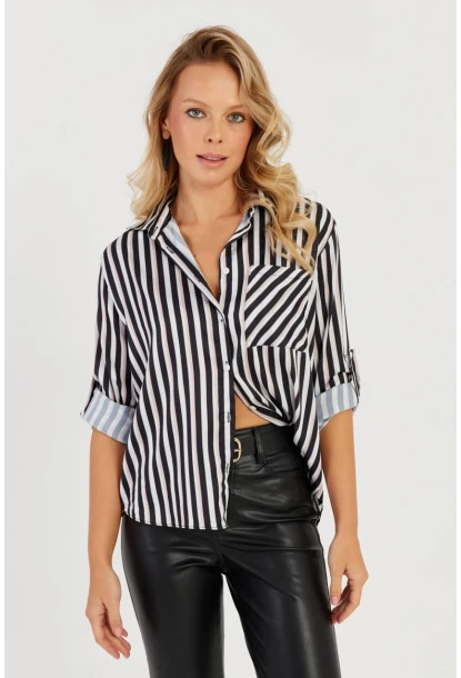 Kadın Siyah-Beyaz Çizgili Saten Gömlek SF2536