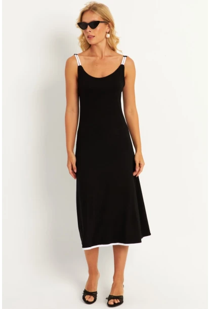 Kadın Siyah-Beyaz Kontrast Midi Elbise ST057