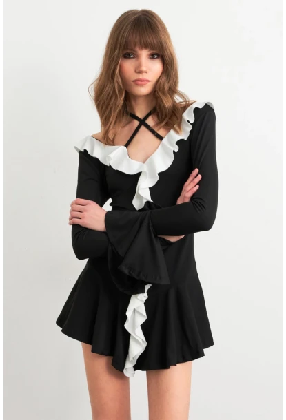 Kadın Siyah-Beyaz Volanlı İspanyol Kol Mini Elbise DCF108