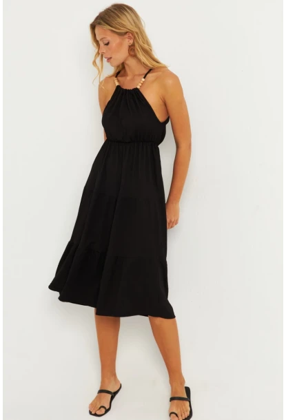 Kadın Siyah Boncuk Detaylı Bürümcük Midi Elbise HO52