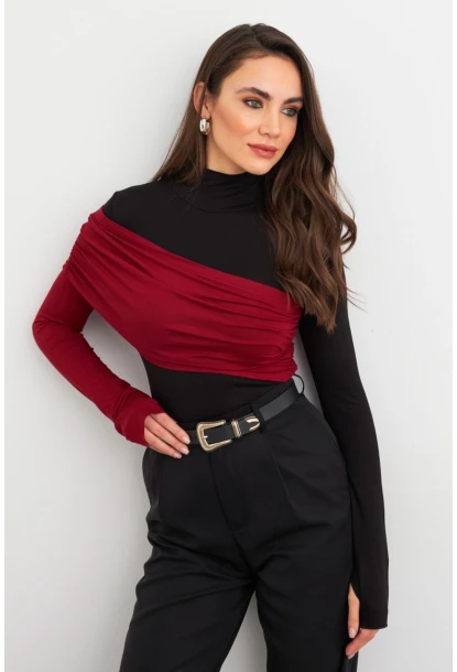 Kadın Siyah-Bordo Bloklu Bluz EY3018