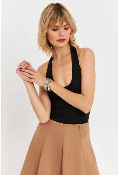 Kadın Siyah Boyun Askılı Crop Bluz TF69