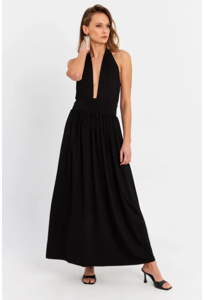 Kadın Siyah Boyun Bağlamalı Maxi Elbise EY3075