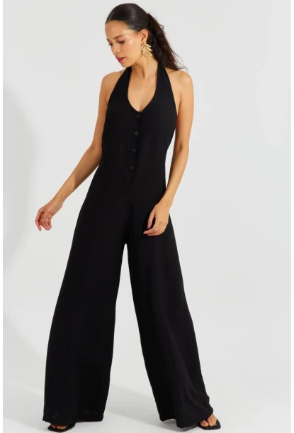 Kadın Siyah Boyundan Bağlamalı Gipeli Salaş Tulum BK1660