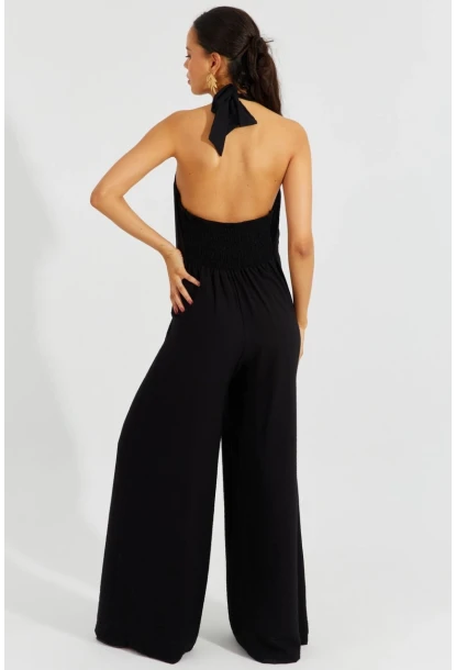 Kadın Siyah Boyundan Bağlamalı Gipeli Salaş Tulum BK1660