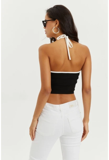 Kadın Siyah Boyundan Bağlamalı Halkalı Crop Bluz B1809