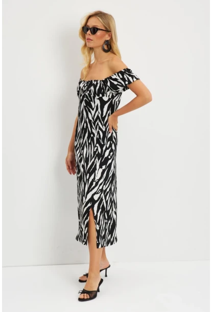 Kadın Siyah Bürümcük Büzgülü Midi Elbise DY105