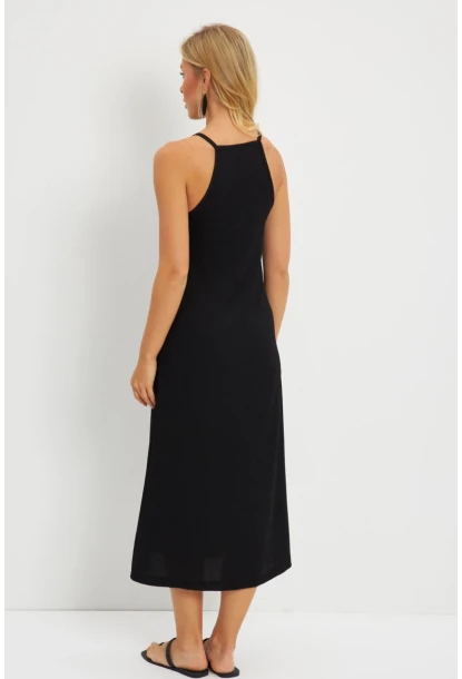 Kadın Siyah Bürümcük Halter Yaka Midi Elbise DMR166