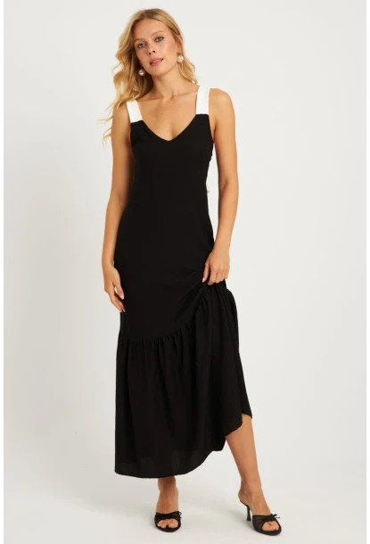 Kadın Siyah Bürümcük Kontrast Midi Elbise EY2829