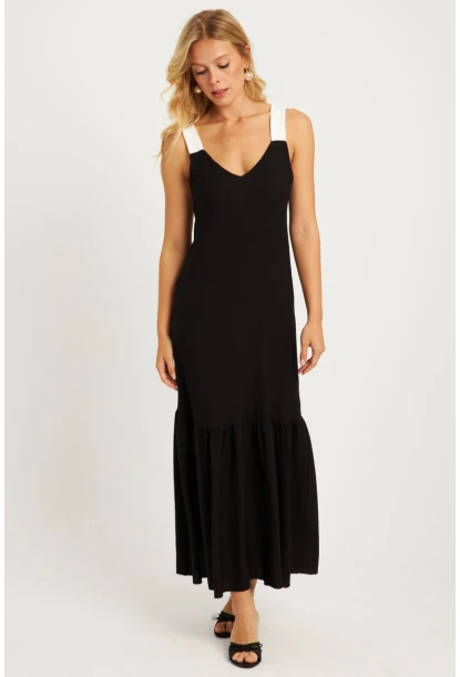 Kadın Siyah Bürümcük Kontrast Midi Elbise EY2829