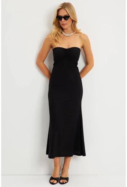 Kadın Siyah Bürümcük Straplez Midi Elbise EY2787