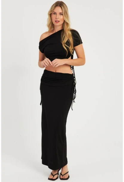 Kadın Siyah Büzgülü Alt Üst  Etek Takım YEL88