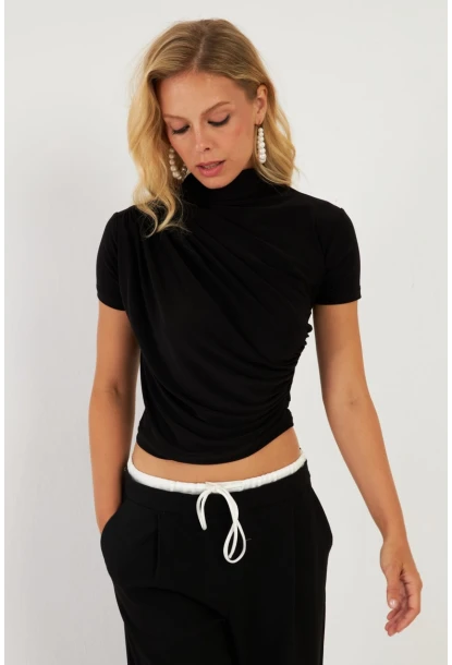 Kadın Siyah Büzgülü Bluz LPP1287