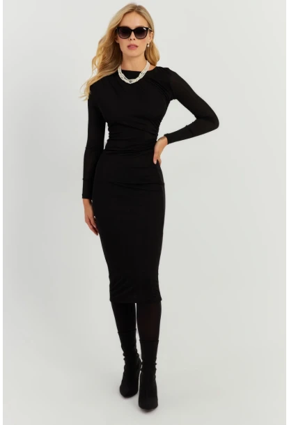 Kadın Siyah Büzgülü Buzi Midi Elbise KED147