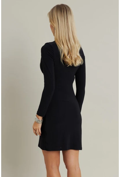 Kadın Siyah Büzgülü Dik Yaka Mini Elbise ELT3138-90