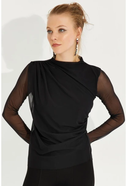 Kadın Siyah Büzgülü Drapeli Tül Bluz LPP1244