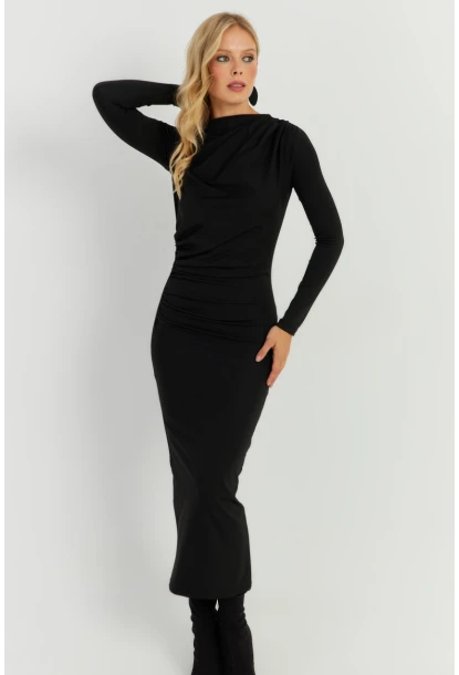 Kadın Siyah Büzgülü Midi Elbise MKED5000